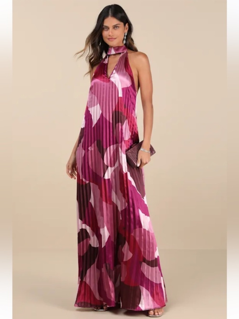 NWT Lulus Prime Poise Pink Multi Abstract Satin Halter Maxi Dress